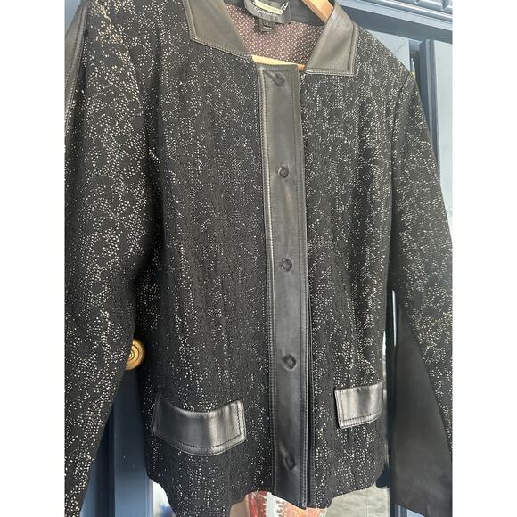 St John Couture Tweed wool Blazer Jacket Size 12 Black Leather Trim  button Knit - Picture 3 of 11